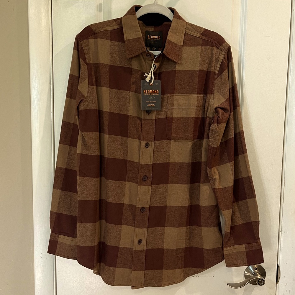 NWT Redmond Clothing Outfitters Plaid Cotton Flannel Button Down Sz M Tan/ Rust